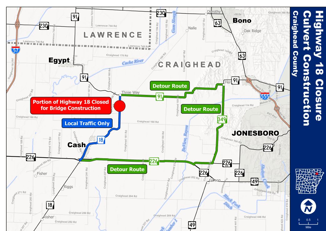 Highway 18 in Craighead County to Close for Culvert Construction