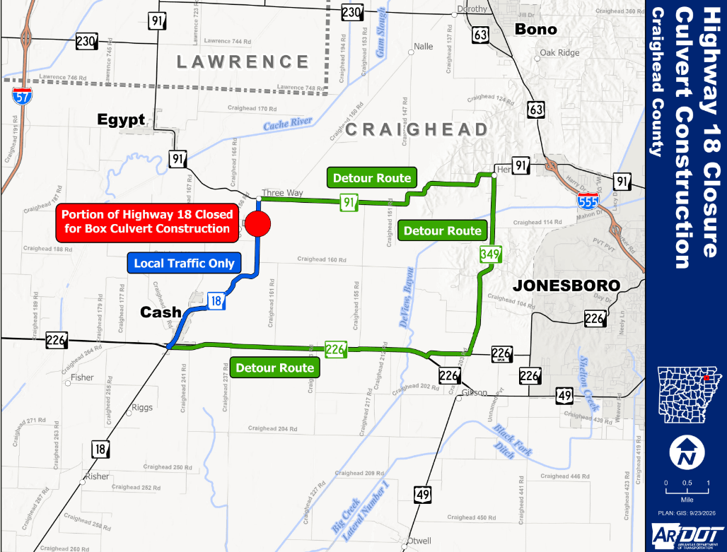 Highway 18 Section in Craighead County to Close for Construction